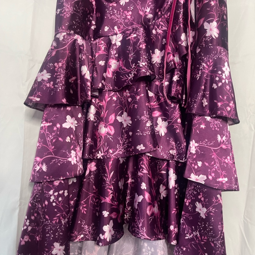 Marchesa Notte floral draped charmeuse tiered ruffle-trim dress - Picture 5 of 9